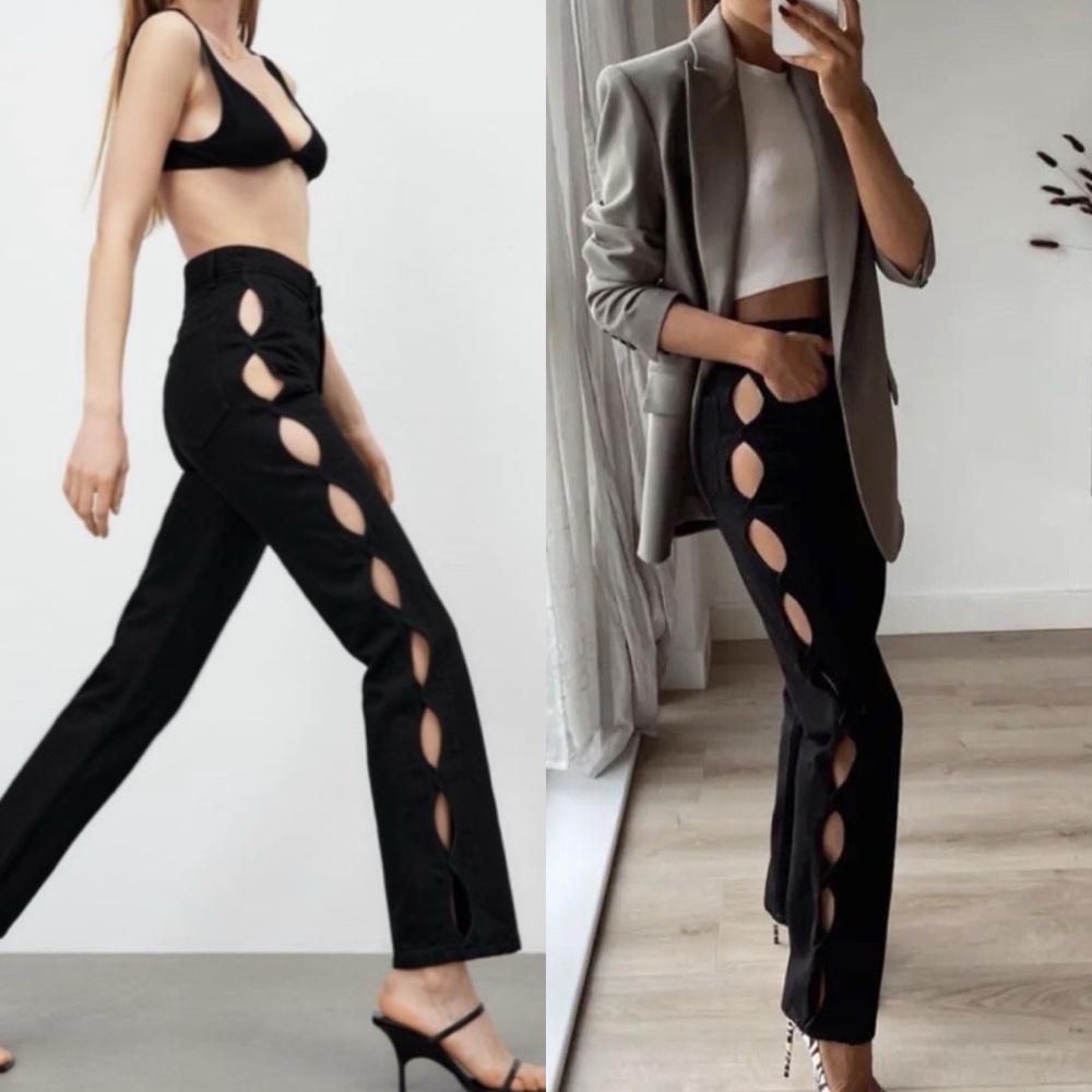 Zara Black Straight Leg Sexy Cutout Viral Jeans 100% Cotton Sz 12 🧡🍄